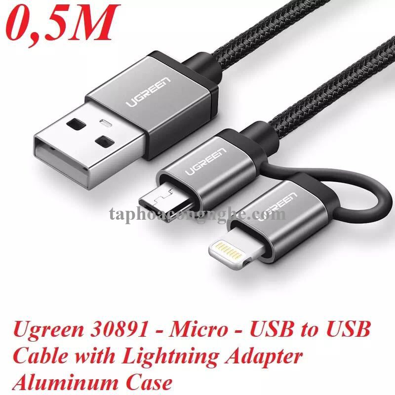 Ugreen 30891 0.5M màu Đen Cáp sạc đa năng USB sang MicroUSB + Lightning US165 30030891